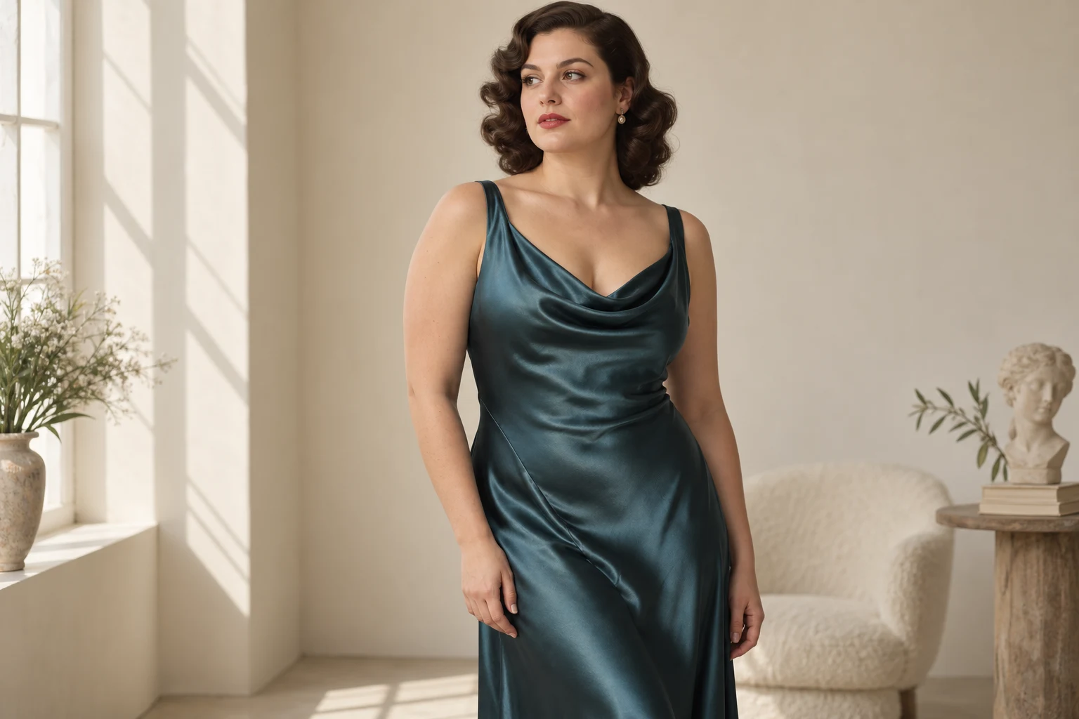 Robe bleu pétrole à encolure bénitier portée avec une coiffure ondulée rétro