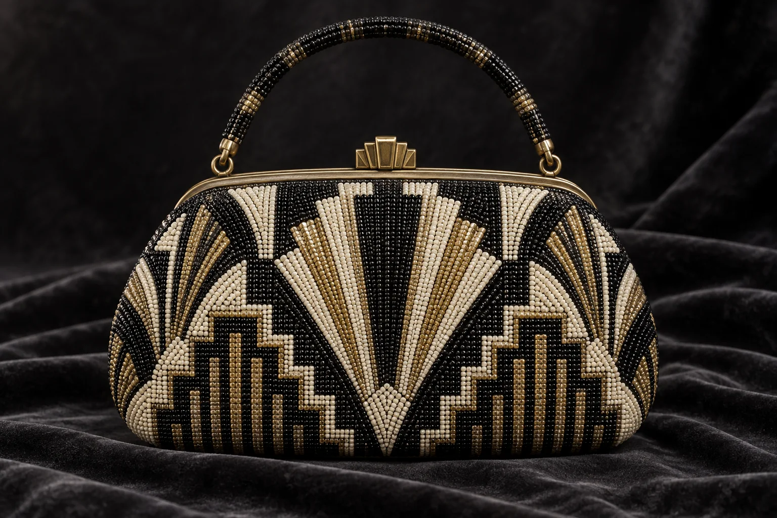 Sac de soirée perlé noir, ivoire et or à motif géométrique Art déco et anse courte.
