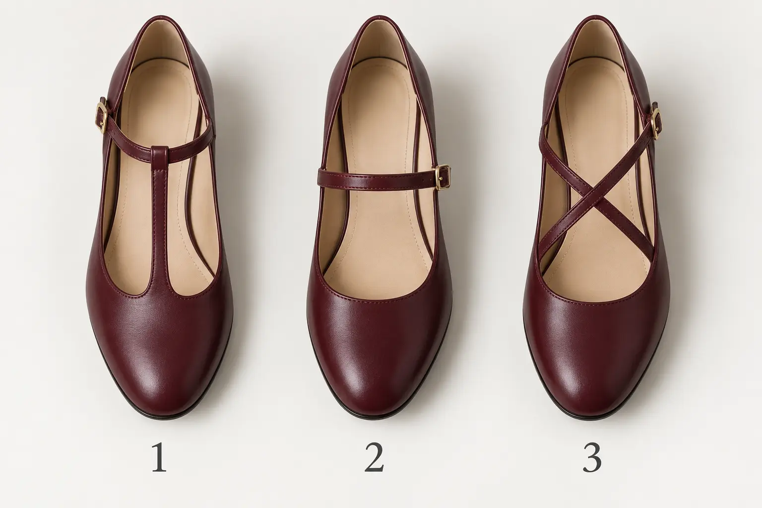 Comparaison vue du dessus entre chaussure Salomé, Mary Jane et brides croisées