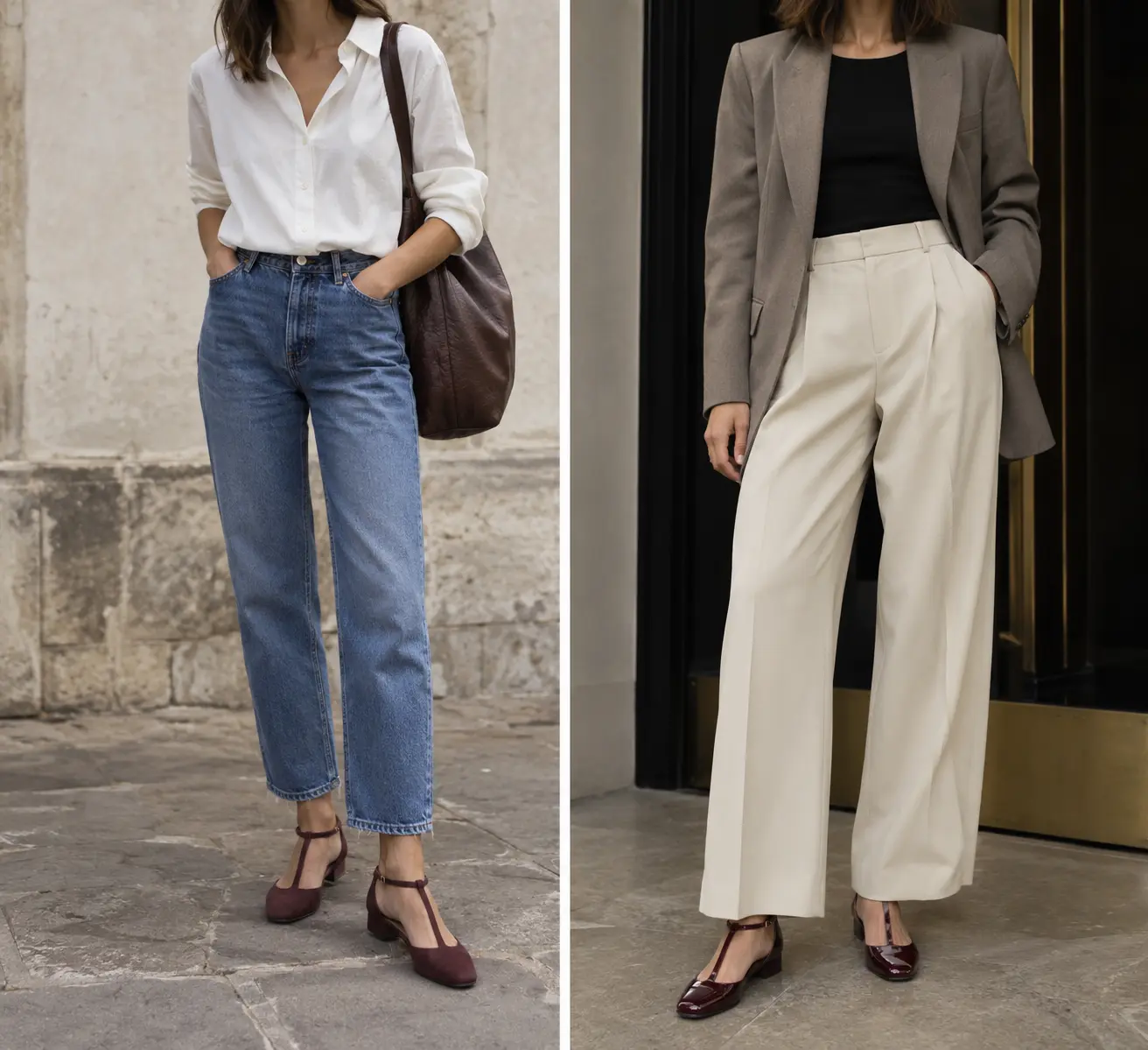 Deux tenues contemporaines avec chaussures Salomé, jean droit et pantalon large