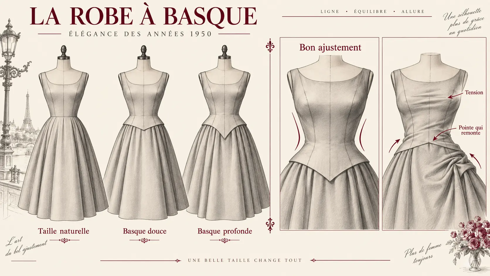 Comparatif des lignes de taille et de l’ajustement d’une robe à taille basque