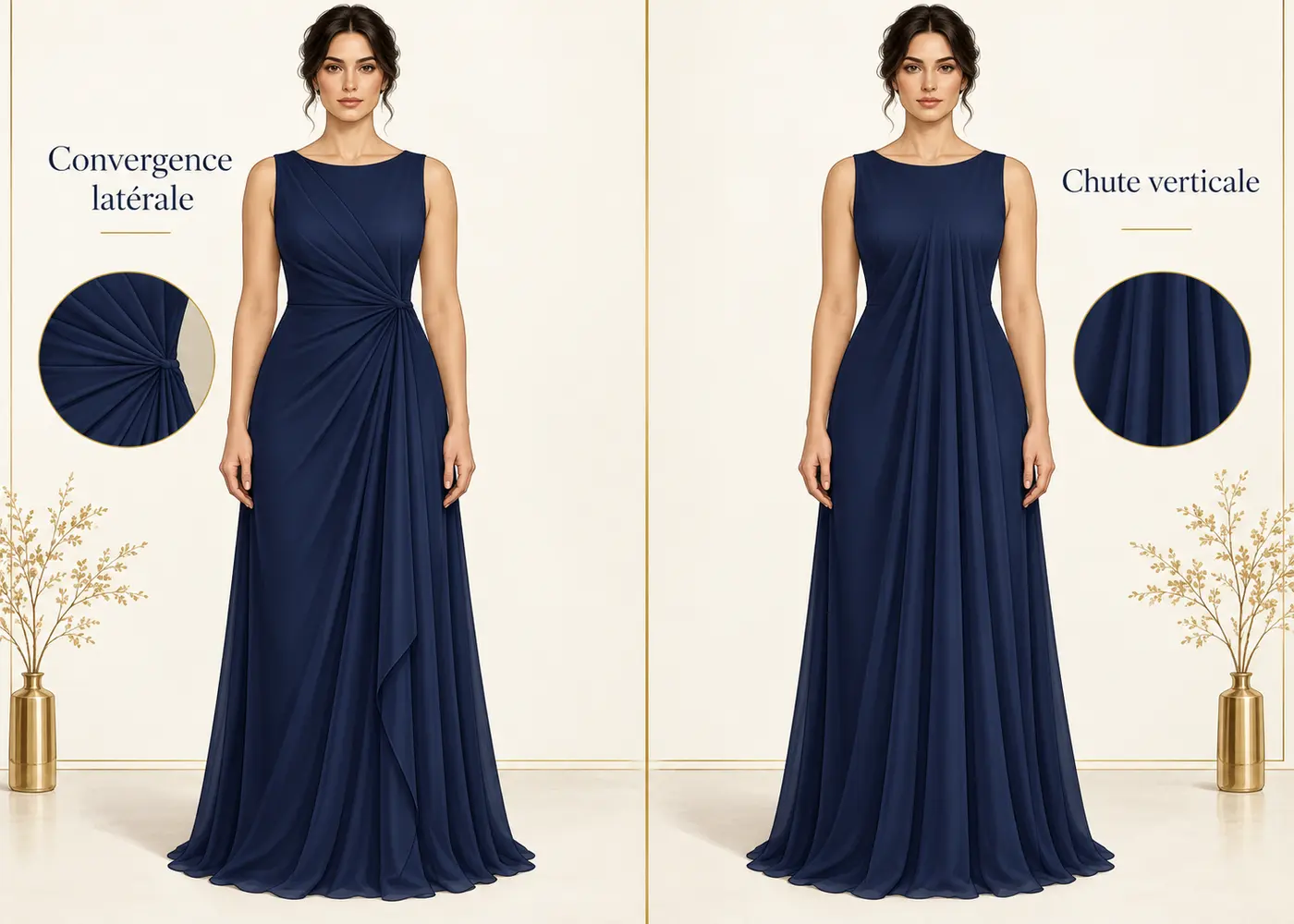 Deux robes sur un même mannequin, avec des plis convergeant vers le côté ou descendant verticalement.
