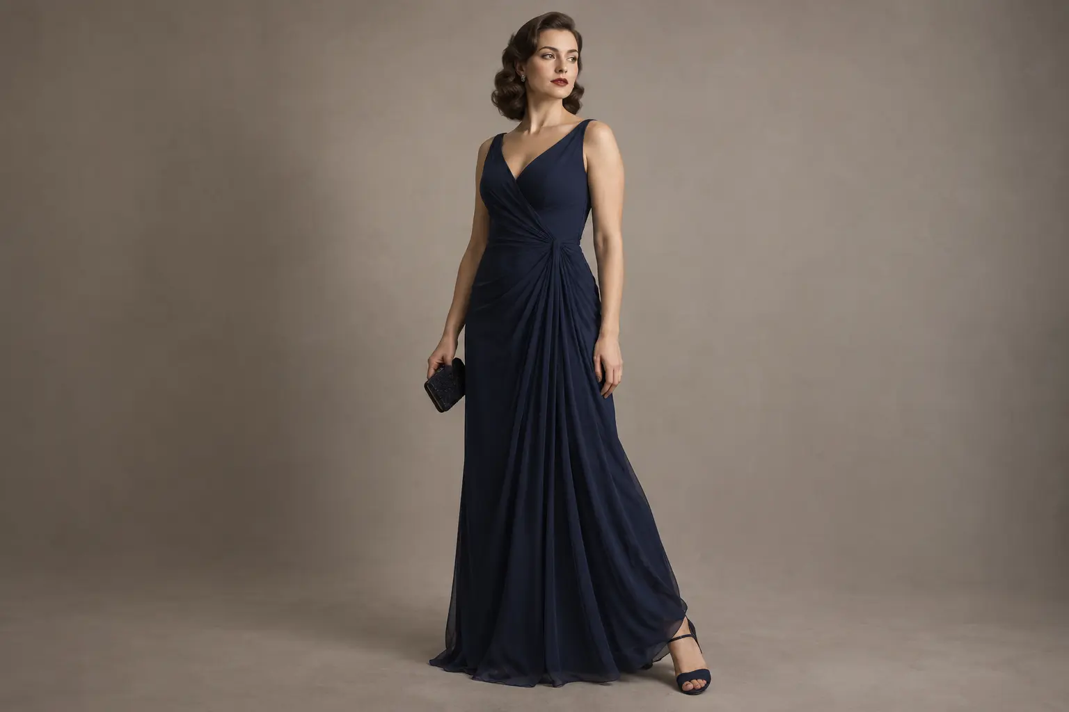 Robe longue bleu nuit à plis latéraux souples, portée avec une pochette à la main.