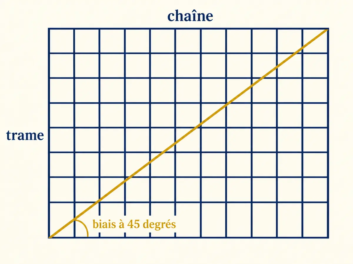 Quadrillage de fils de chaîne et de trame avec une coupe en biais tracée à 45 degrés.