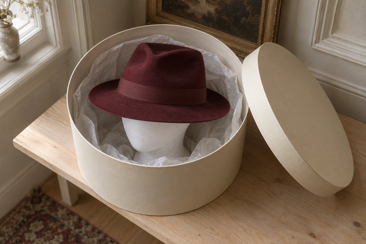 Chapeau fedora en feutre bordeaux sur tête en polystyrène dans une boîte à chapeau