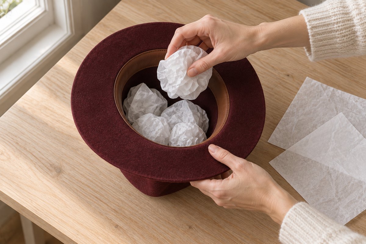 Mains glissant du papier de soie froissé dans la calotte d'un chapeau en feutre