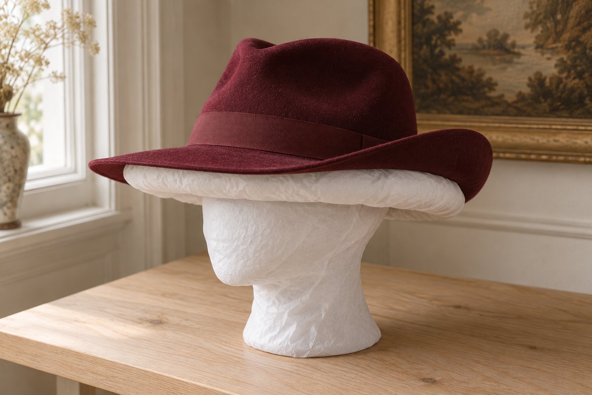 Chapeau rouge à larges bords soutenu par un boudin de papier de soie