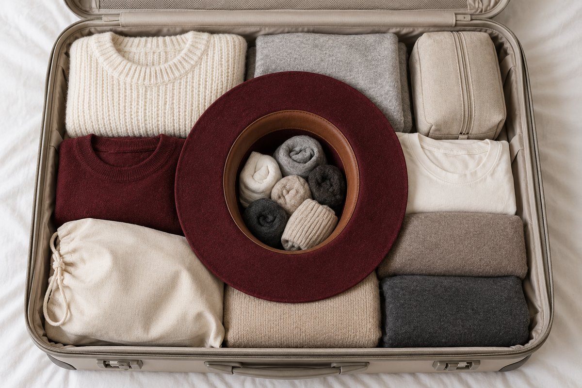 Chapeau en feutre à l'envers au centre d'une valise, calotte remplie de chaussettes